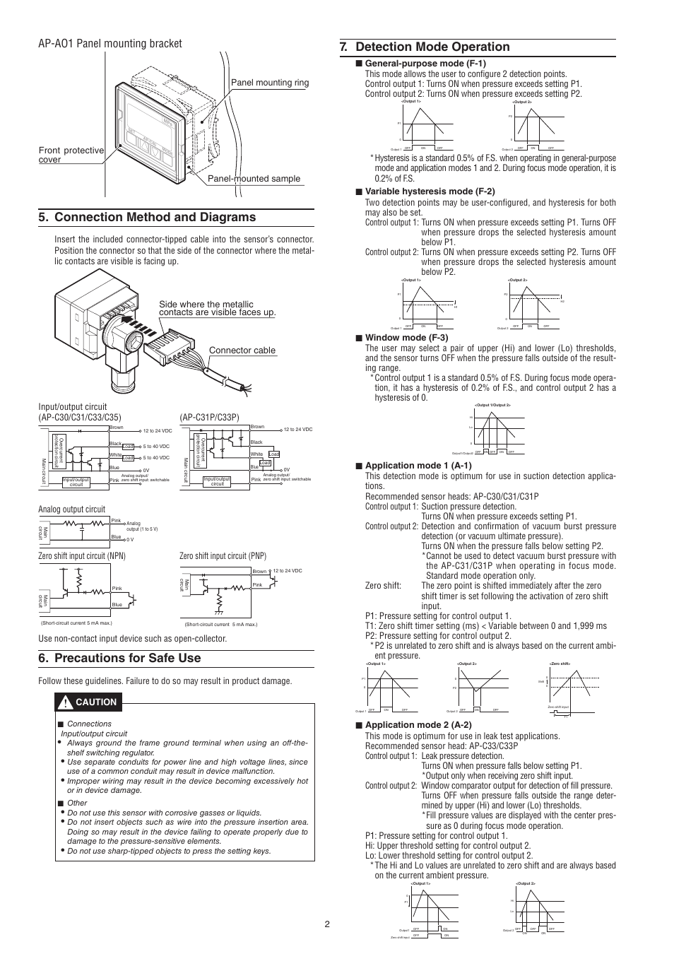 Connection method and diagrams, Precautions for safe use, Detection mode operation | Ap-ao1 panel mounting bracket, Caution, Analog output circuit | KEYENCE AP-C30(P) Series User Manual | Page 2 / 6