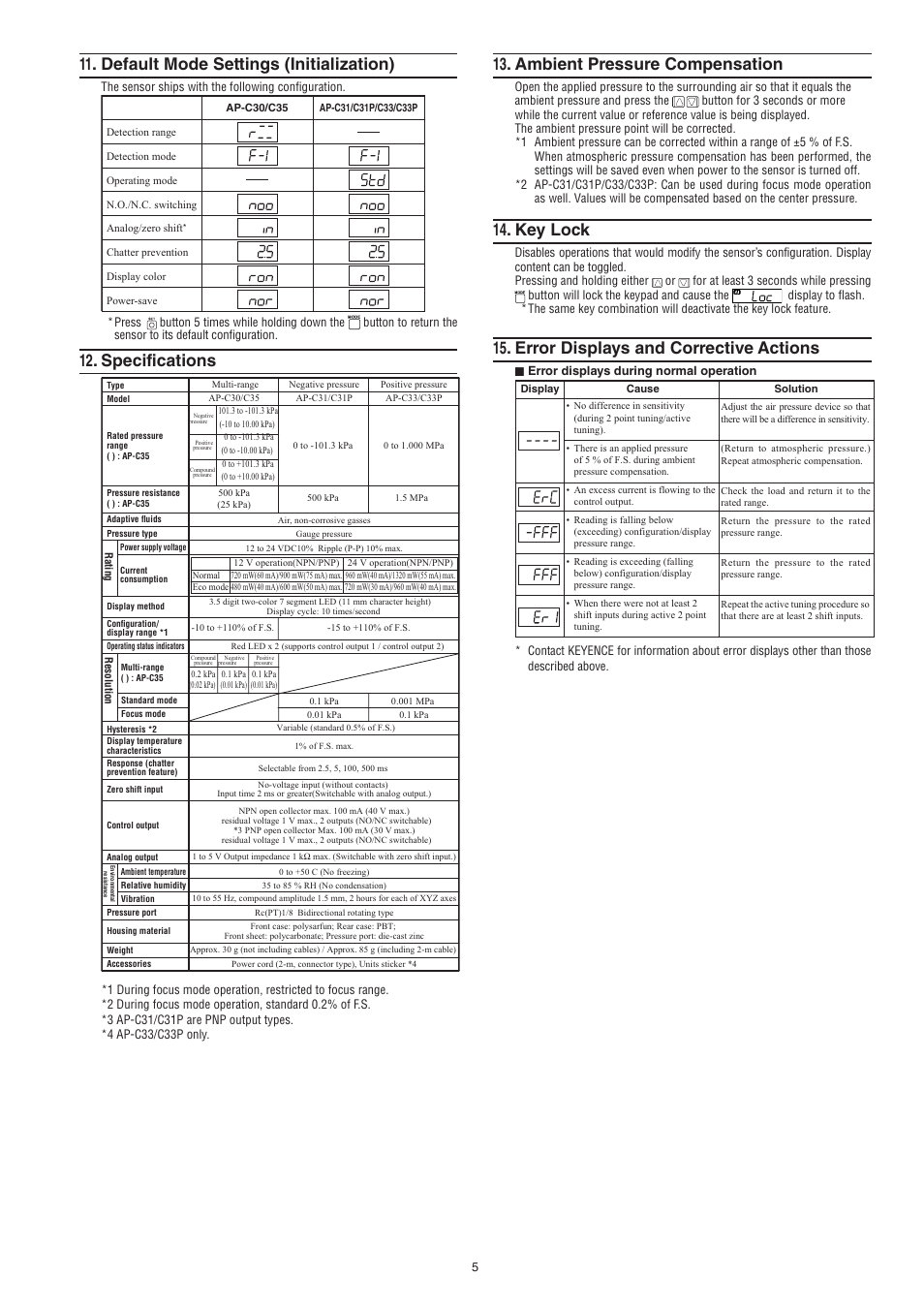 Default mode settings (initialization), Specifications, Ambient pressure compensation | Key lock, Error displays and corrective actions | KEYENCE AP-C30(P) Series User Manual | Page 5 / 6