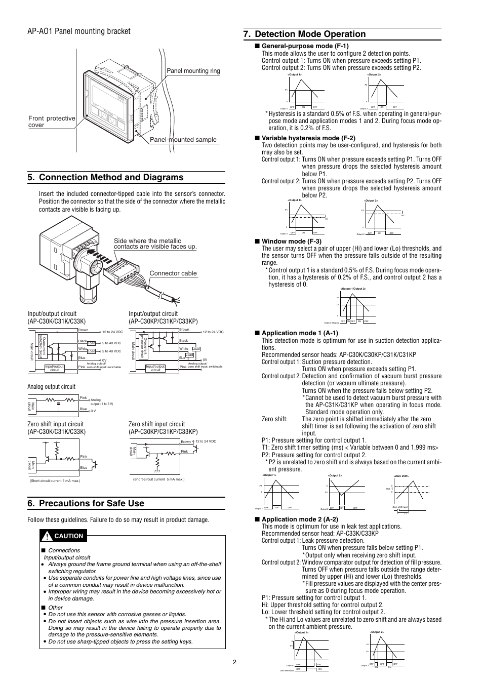 Connection method and diagrams, Precautions for safe use, Detection mode operation | Ap-ao1 panel mounting bracket, Analog output circuit, Zero shift input circuit, Connections input/output circuit | KEYENCE AP-C30KP User Manual | Page 2 / 5