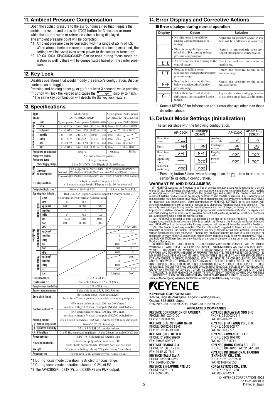 Ambient pressure compensation, Key lock, Specifications | Error displays and corrective actions, Default mode settings (initialization) | KEYENCE AP-C30KP User Manual | Page 5 / 5