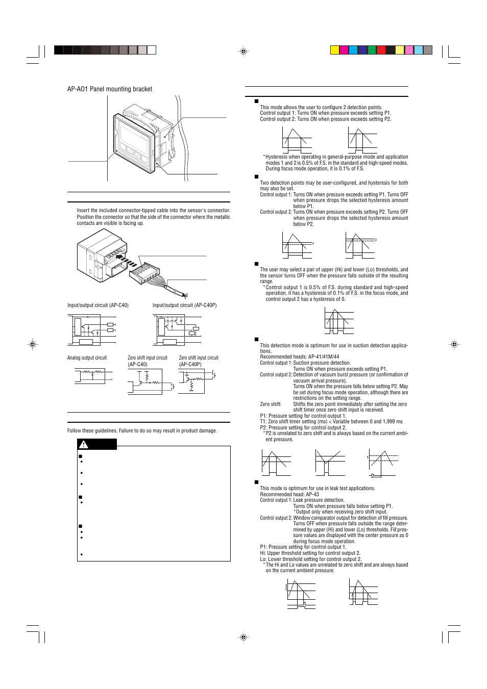 Connection method and diagrams, Precautions for safe use, Detection mode operation | Ap-ao1 panel mounting bracket | KEYENCE AP-C40(P) Series User Manual | Page 2 / 6