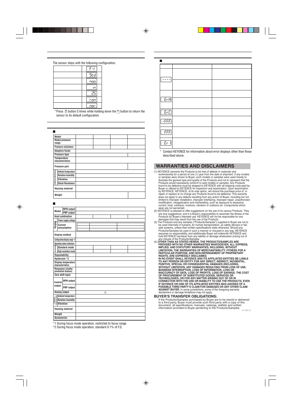 Default mode settings (initialization), Specifications, Error displays and corrective actions | Warranties and disclaimers | KEYENCE AP-C40(P) Series User Manual | Page 5 / 6