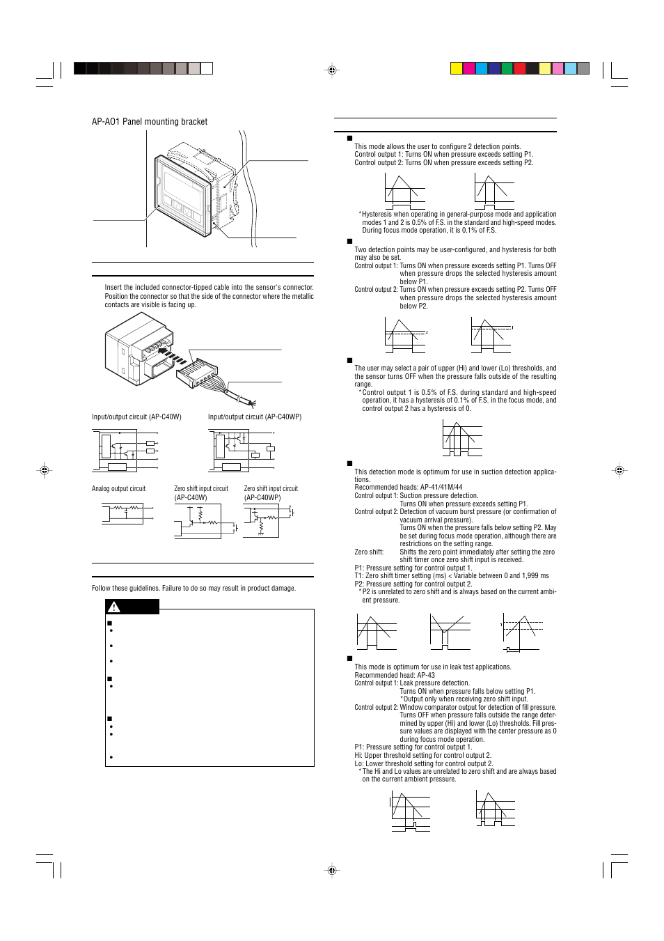 Connection method and diagrams, Precautions for safe use, Detection mode operation | Ap-ao1 panel mounting bracket | KEYENCE AP-C40W(P) Series User Manual | Page 2 / 5