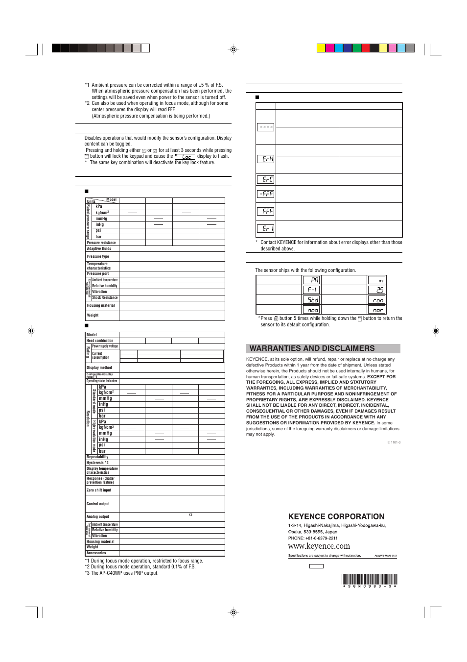 Key lock, Specifications, Error displays and corrective actions | Default mode settings (initialization), Warranties and disclaimers | KEYENCE AP-C40W(P) Series User Manual | Page 5 / 5