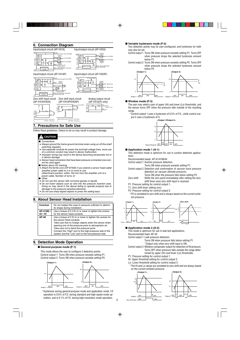 Connection diagram, Precautions for safe use, About sensor head installation | Detection mode operation | KEYENCE AP-V42A(P) User Manual | Page 2 / 5