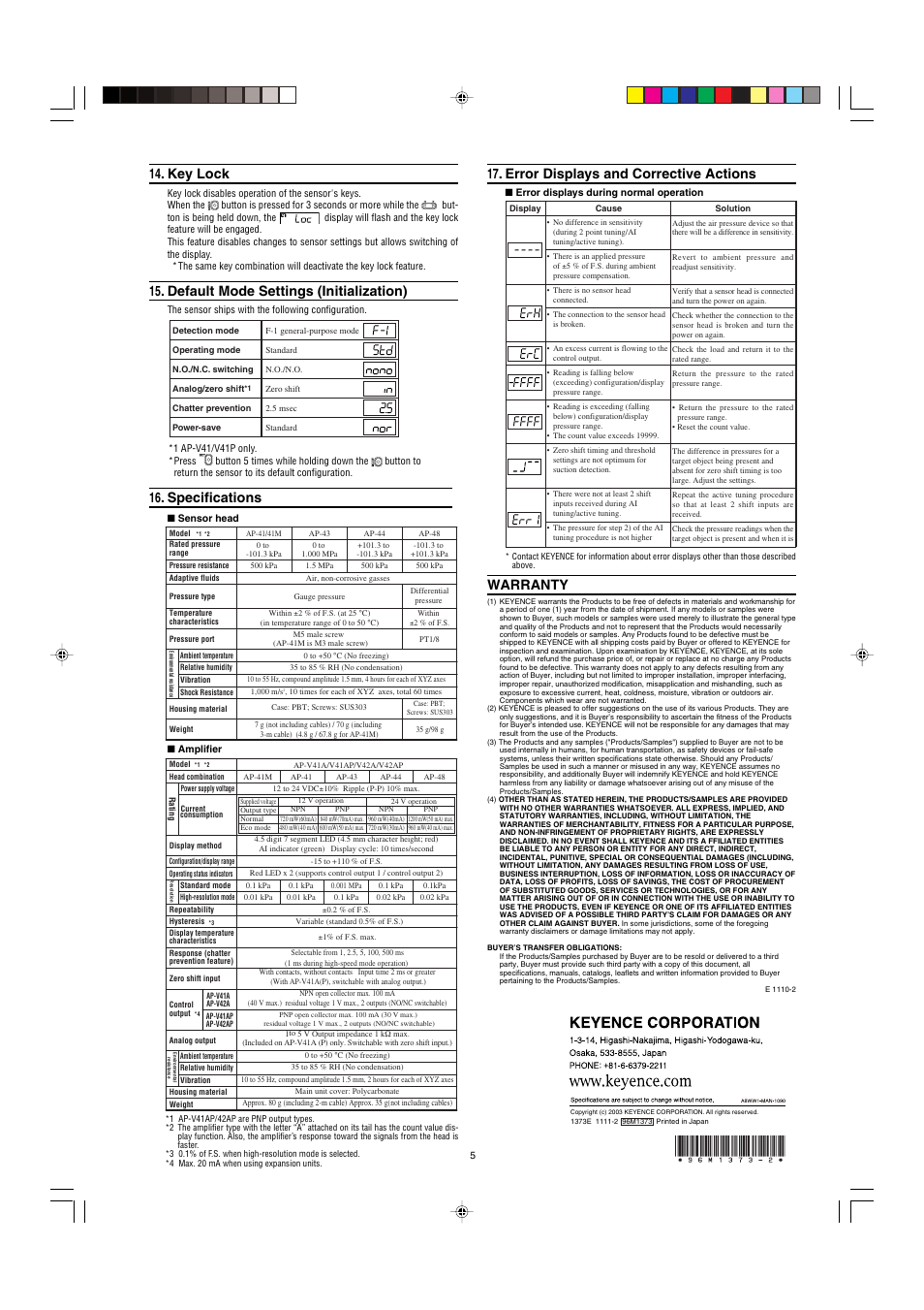 Key lock, Default mode settings (initialization), Specifications | Error displays and corrective actions, Warranty, Key lock 16. specifications | KEYENCE AP-V42A(P) User Manual | Page 5 / 5