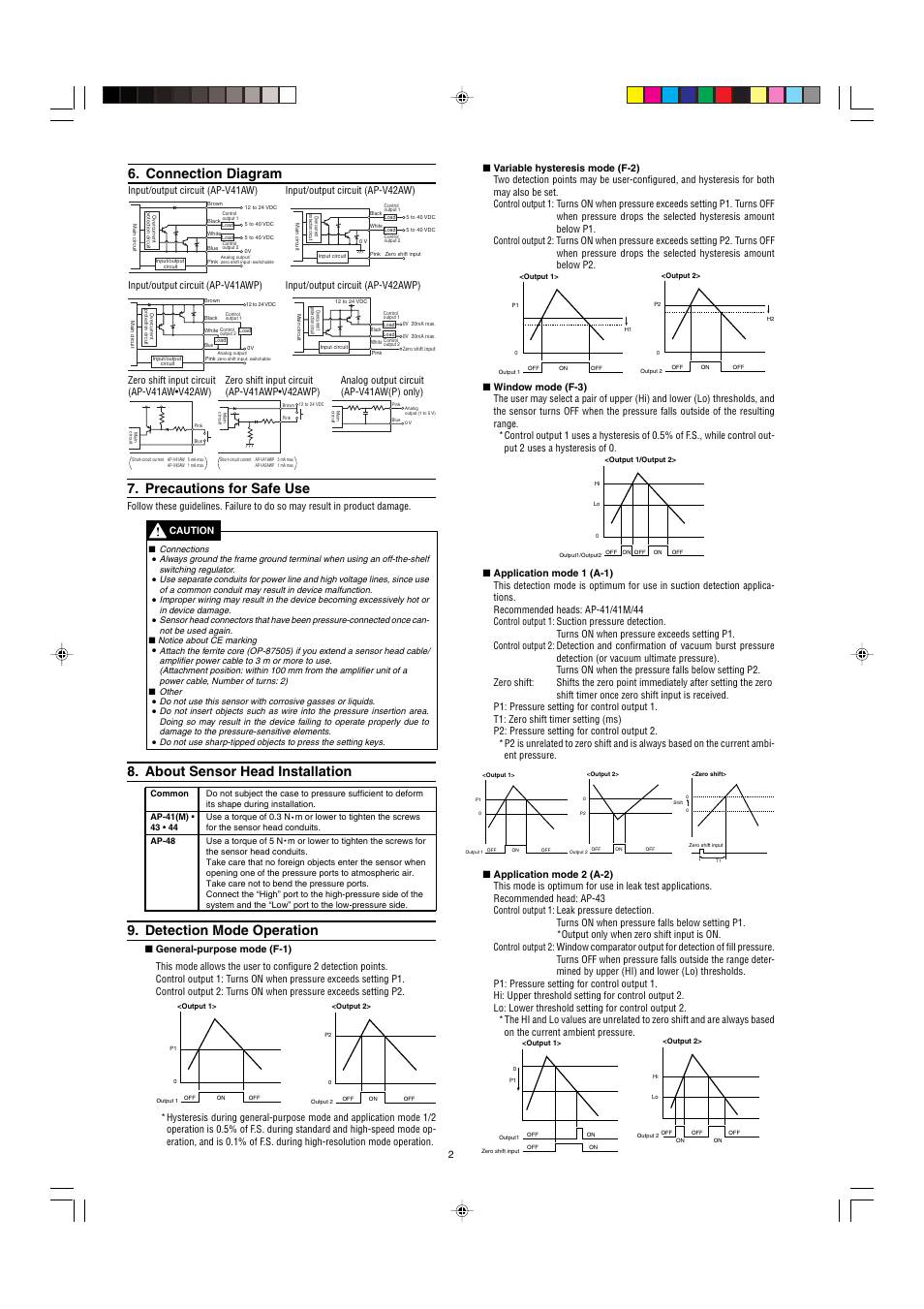 Connection diagram, Precautions for safe use, About sensor head installation | Detection mode operation | KEYENCE AP-V42AW(P) User Manual | Page 2 / 5