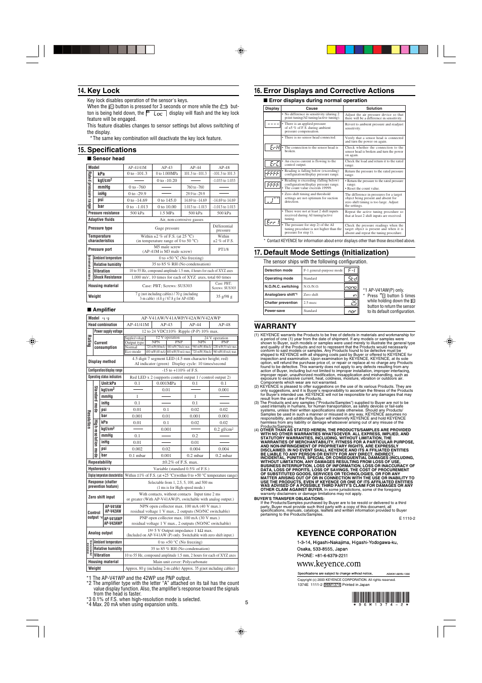 Key lock, Specifications, Error displays and corrective actions | Default mode settings (initialization), Warranty | KEYENCE AP-V42AW(P) User Manual | Page 5 / 5