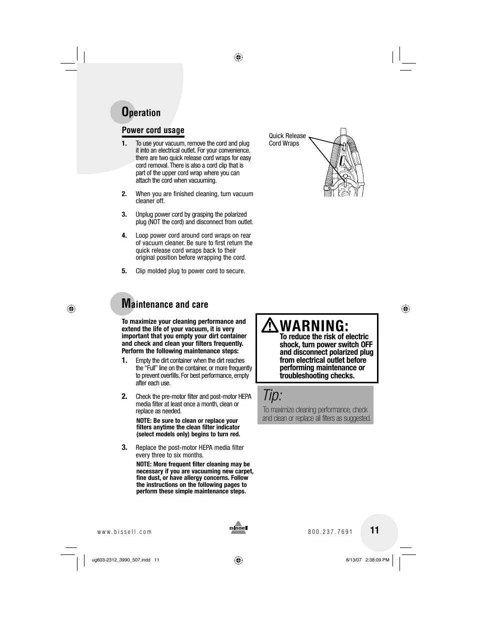 Warning | Bissell 3990 User Manual | Page 11 / 20