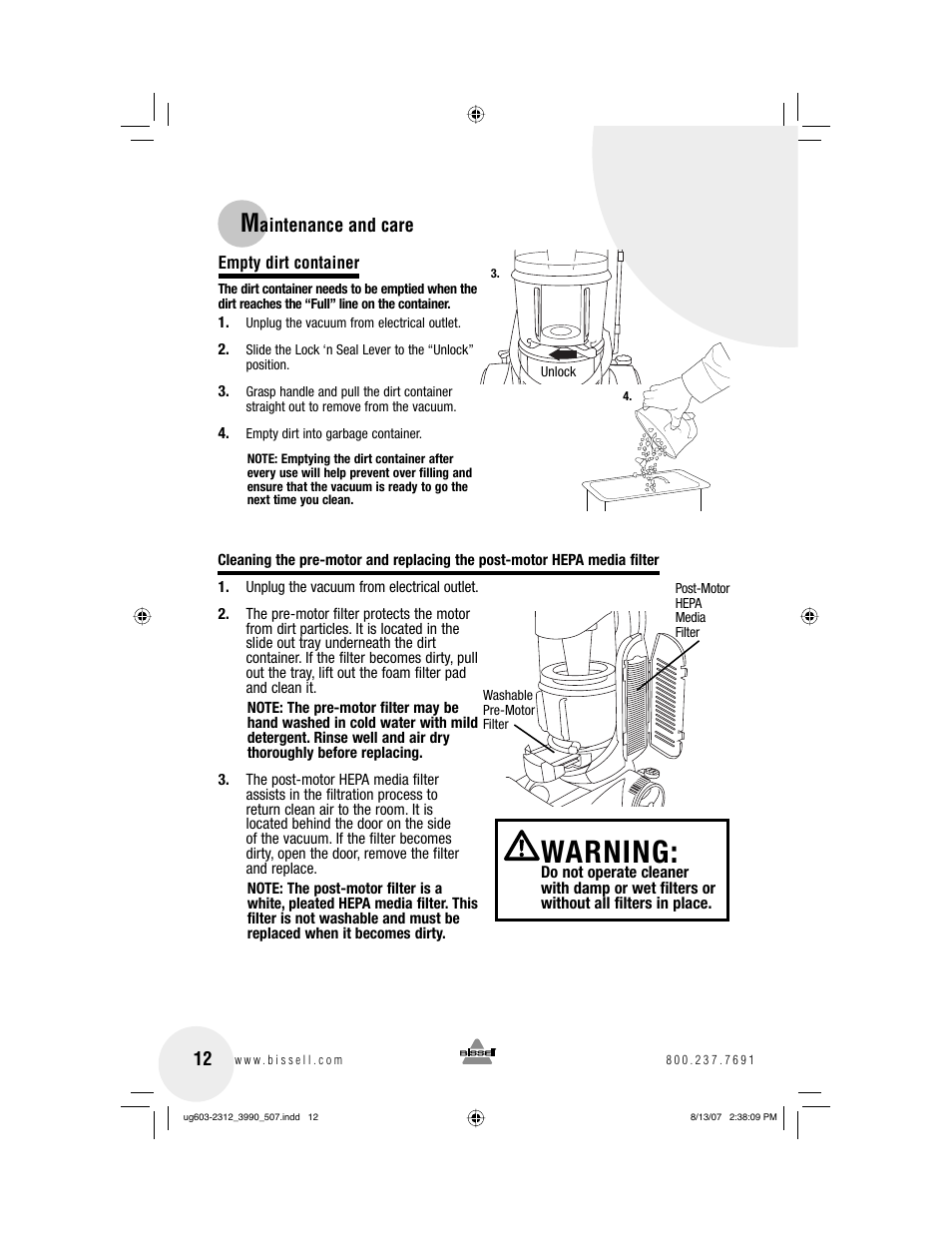 Warning | Bissell 3990 User Manual | Page 12 / 20