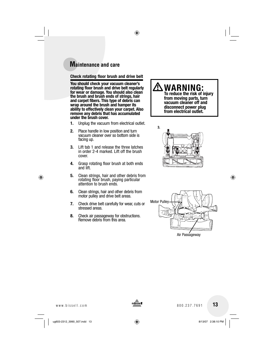 Warning, Aintenance and care | Bissell 3990 User Manual | Page 13 / 20