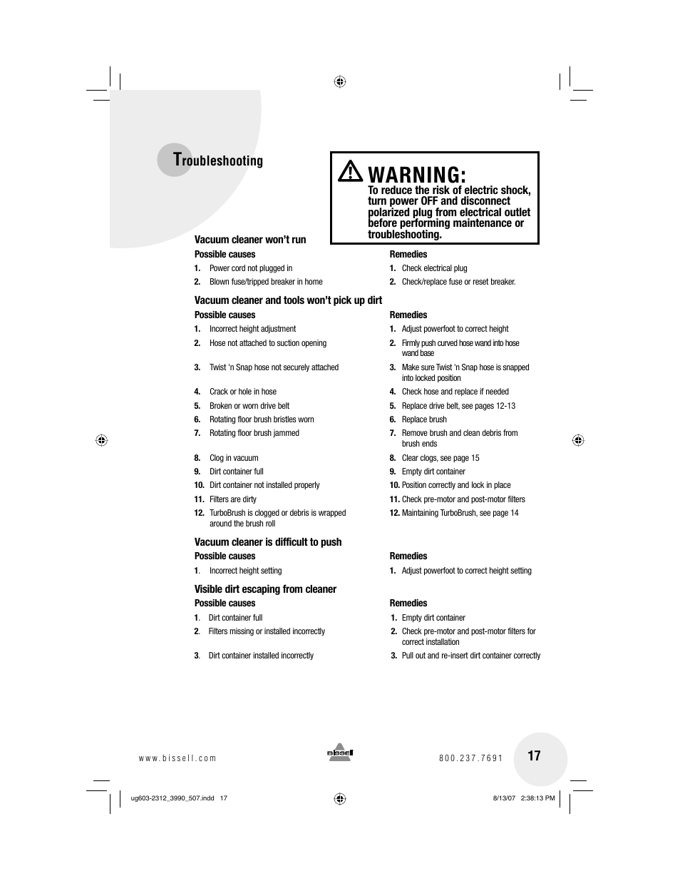 Warning, Roubleshooting | Bissell 3990 User Manual | Page 17 / 20