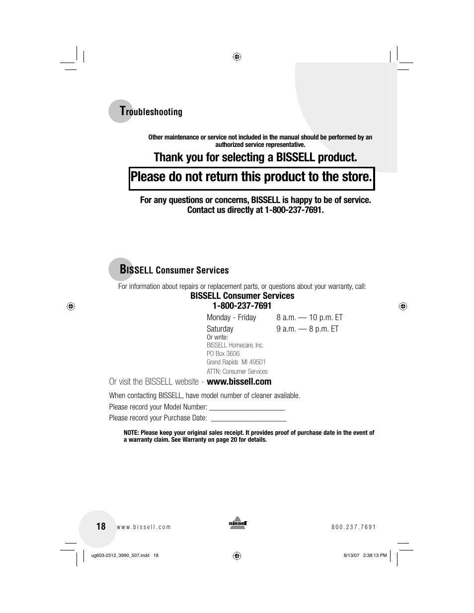 Please do not return this product to the store | Bissell 3990 User Manual | Page 18 / 20