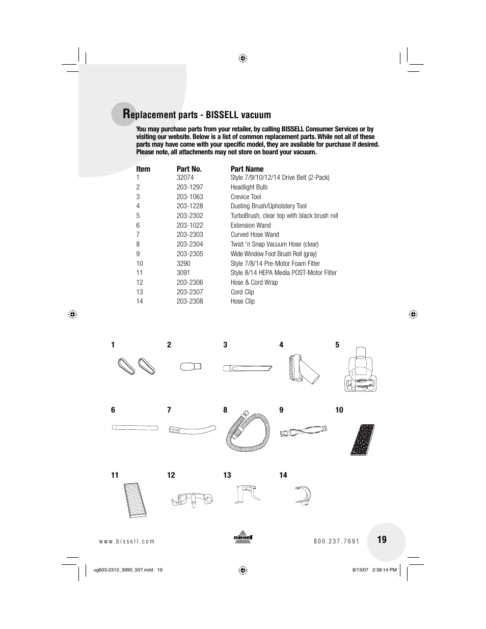 Eplacement parts - bissell vacuum | Bissell 3990 User Manual | Page 19 / 20