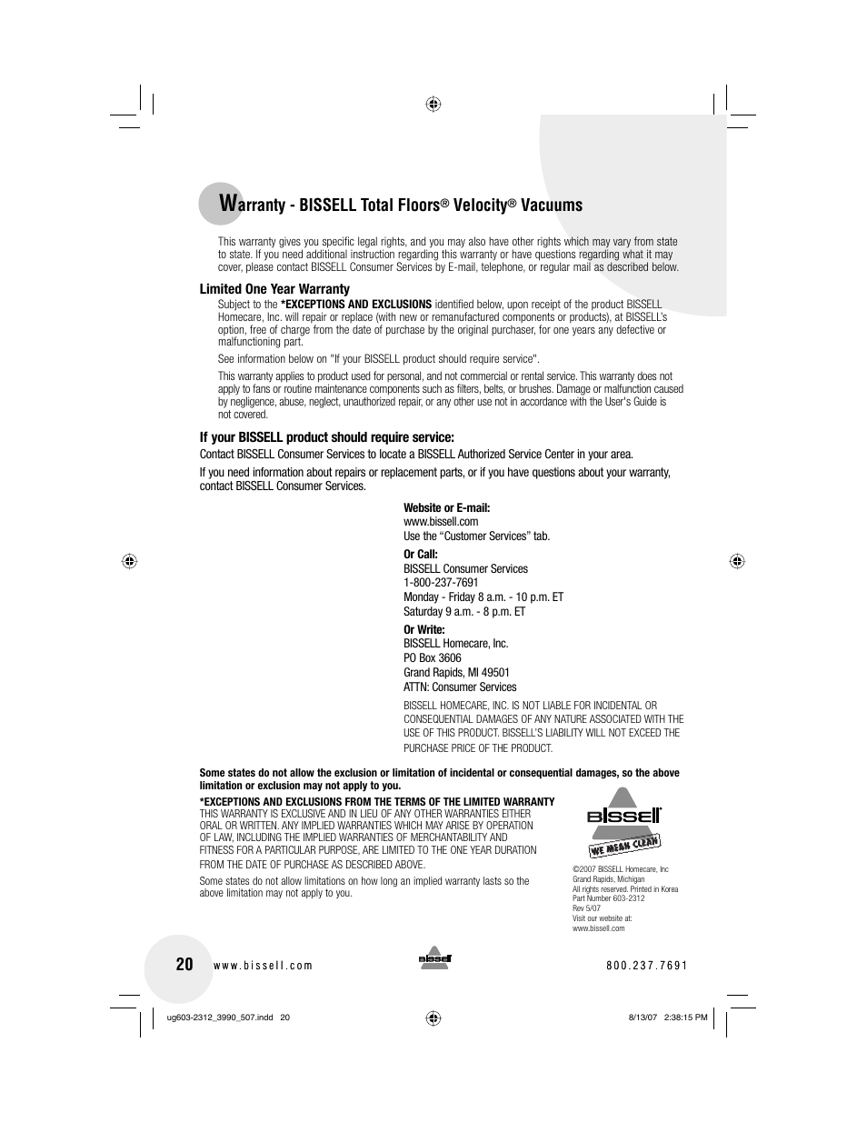 Arranty - bissell total floors, Velocity, Vacuums | Bissell 3990 User Manual | Page 20 / 20