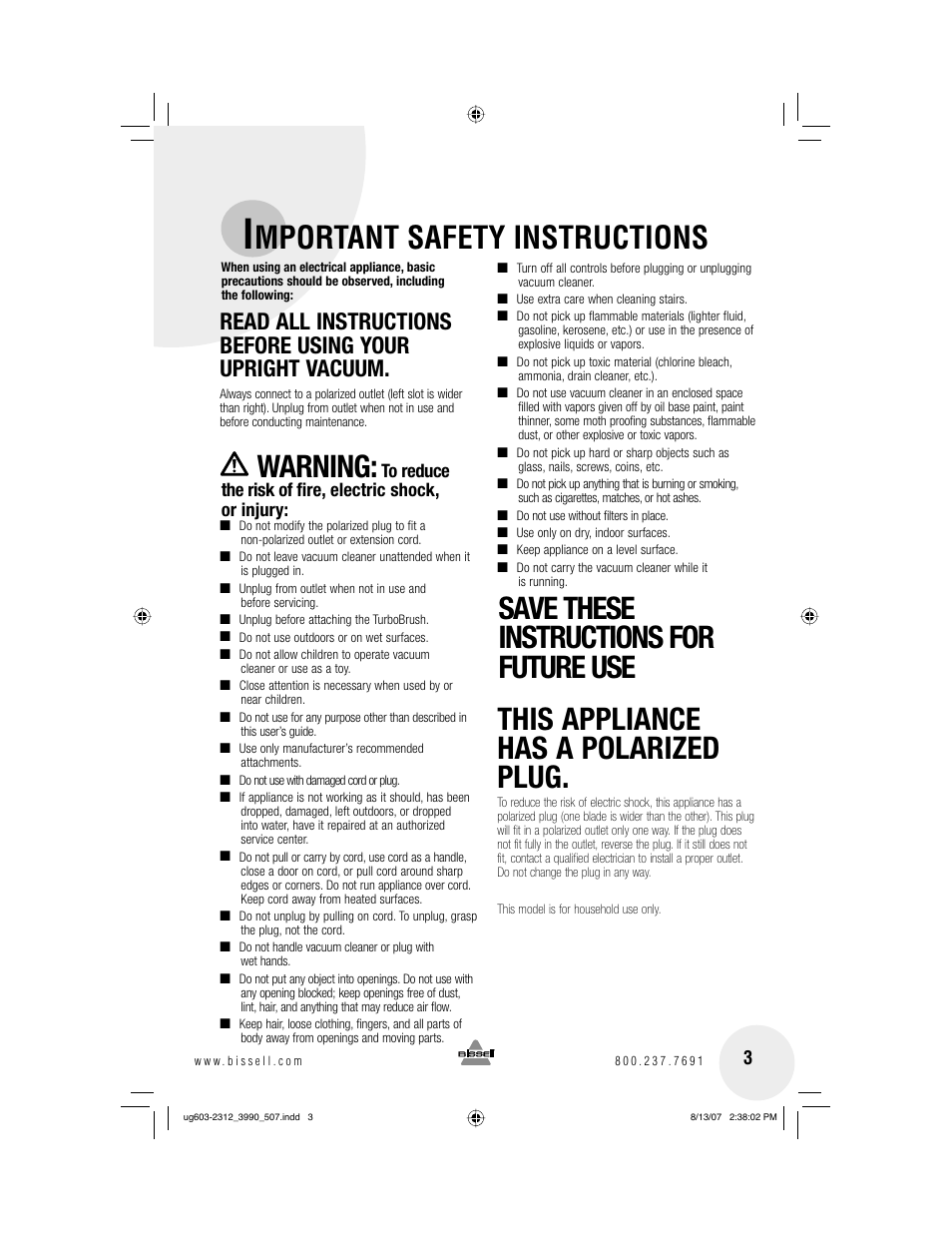 Mportant safety instructions, Warning | Bissell 3990 User Manual | Page 3 / 20