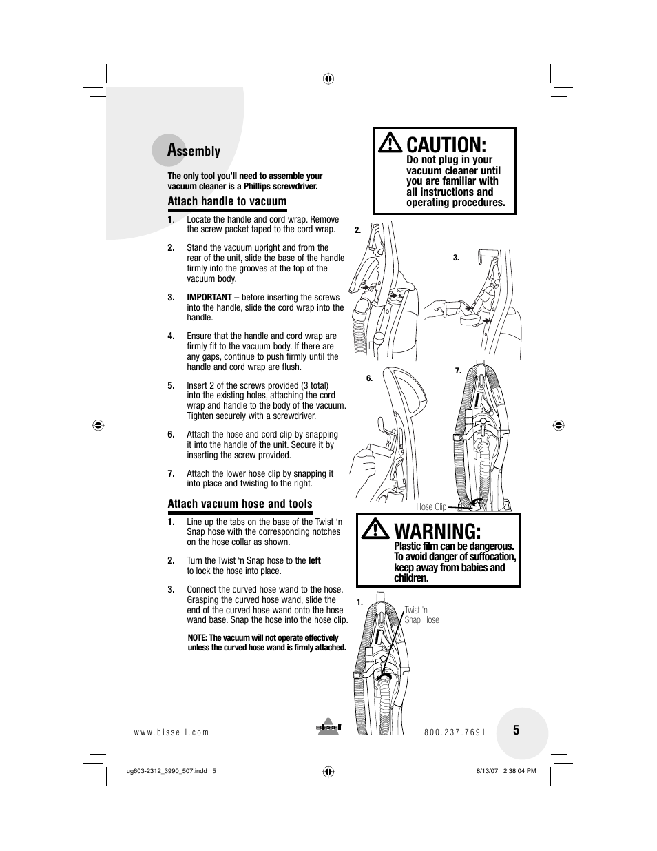 Caution, Warning | Bissell 3990 User Manual | Page 5 / 20