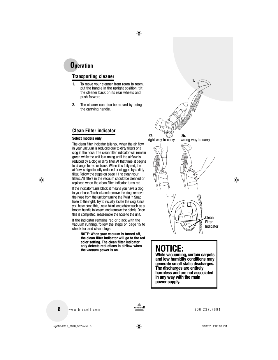 Notice, Peration | Bissell 3990 User Manual | Page 8 / 20