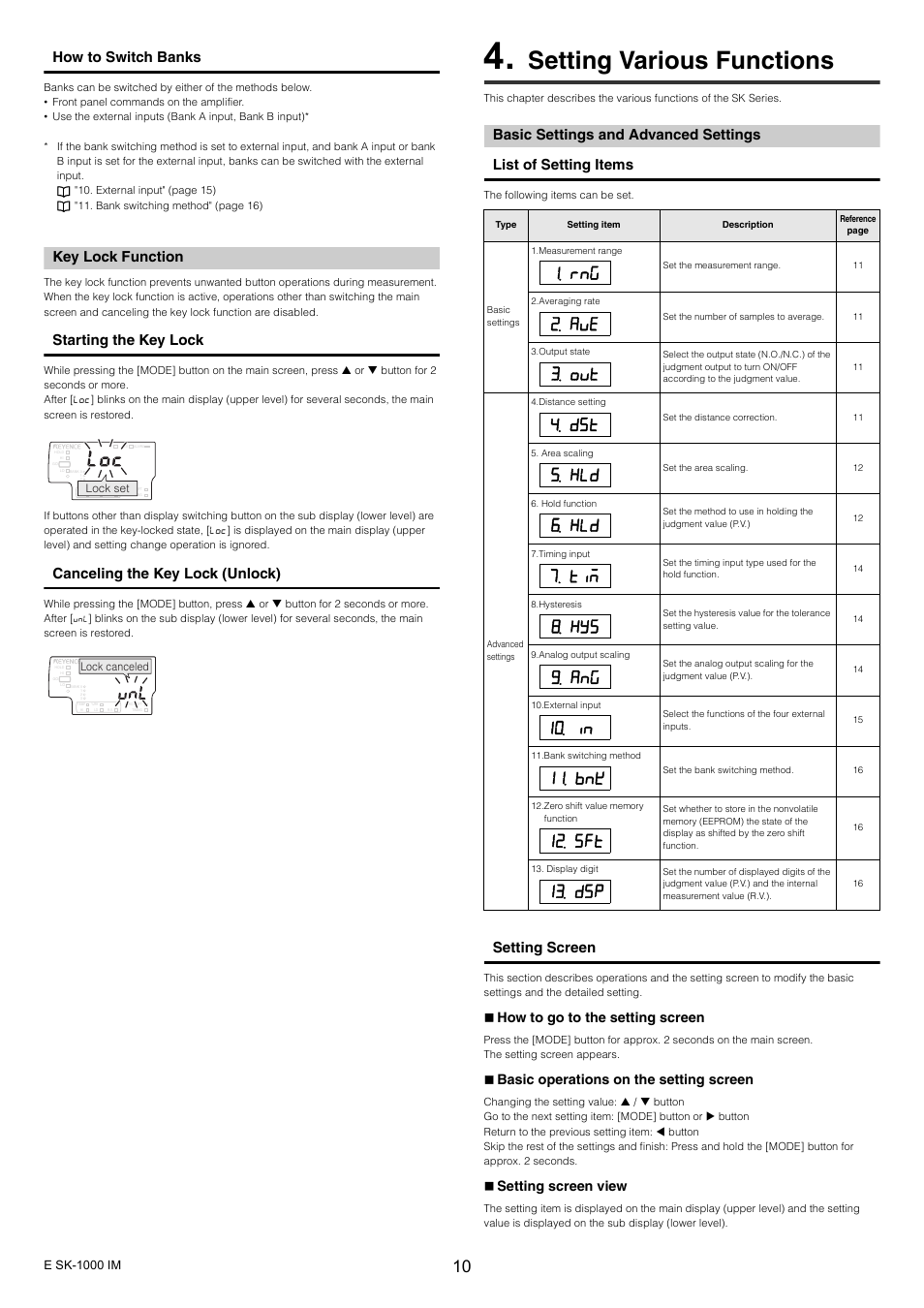 Key lock function, Setting various functions, Basic settings and advanced settings | Key lock function 10, How to switch banks, Starting the key lock, Canceling the key lock (unlock), Setting screen, How to go to the setting screen, Basic operations on the setting screen | KEYENCE SK-1000 Series User Manual | Page 10 / 24