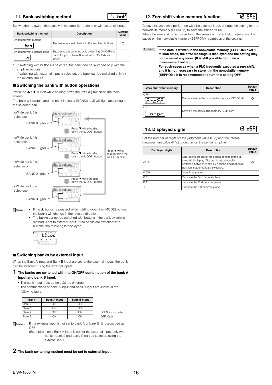 Sft 13. dsp, Bank switching method, Btn in | Displayed digits, Switching the bank with button operations, Switching banks by external input, E sk-1000 im | KEYENCE SK-1000 Series User Manual | Page 16 / 24