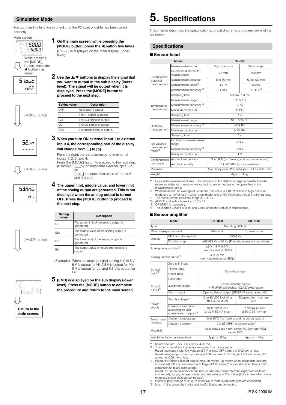 Simulation mode, Specifications, Off 51.out | Sensor head, Sensor amplifier | KEYENCE SK-1000 Series User Manual | Page 17 / 24