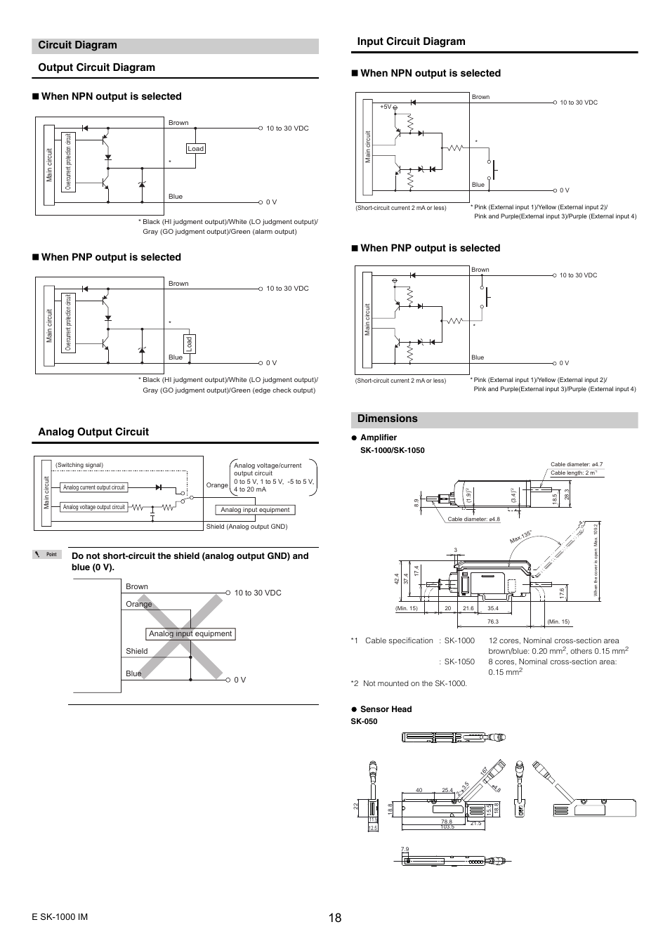 Circuit diagram, Dimensions, Circuit diagram dimensions | Circuit diagram output circuit diagram, Analog output circuit, Input circuit diagram | KEYENCE SK-1000 Series User Manual | Page 18 / 24