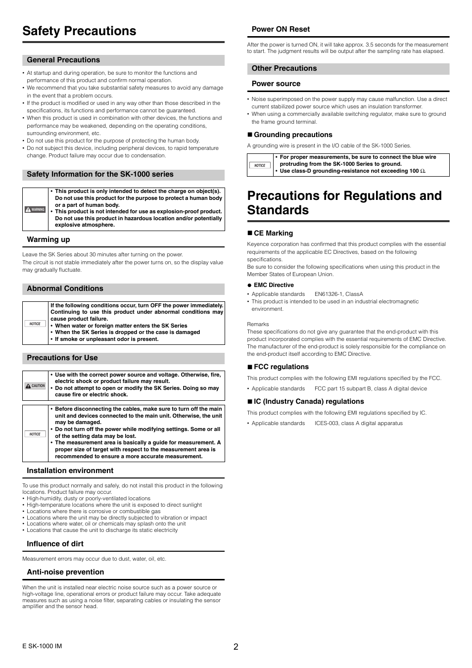 Safety precautions, General precautions, Safety information for the sk-1000 series | Abnormal conditions, Precautions for use, Other precautions, Precautions for regulations and standards | KEYENCE SK-1000 Series User Manual | Page 2 / 24