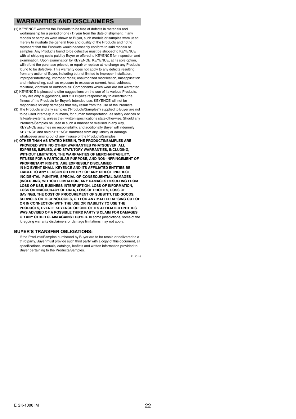 Warranties and disclaimers | KEYENCE SK-1000 Series User Manual | Page 22 / 24
