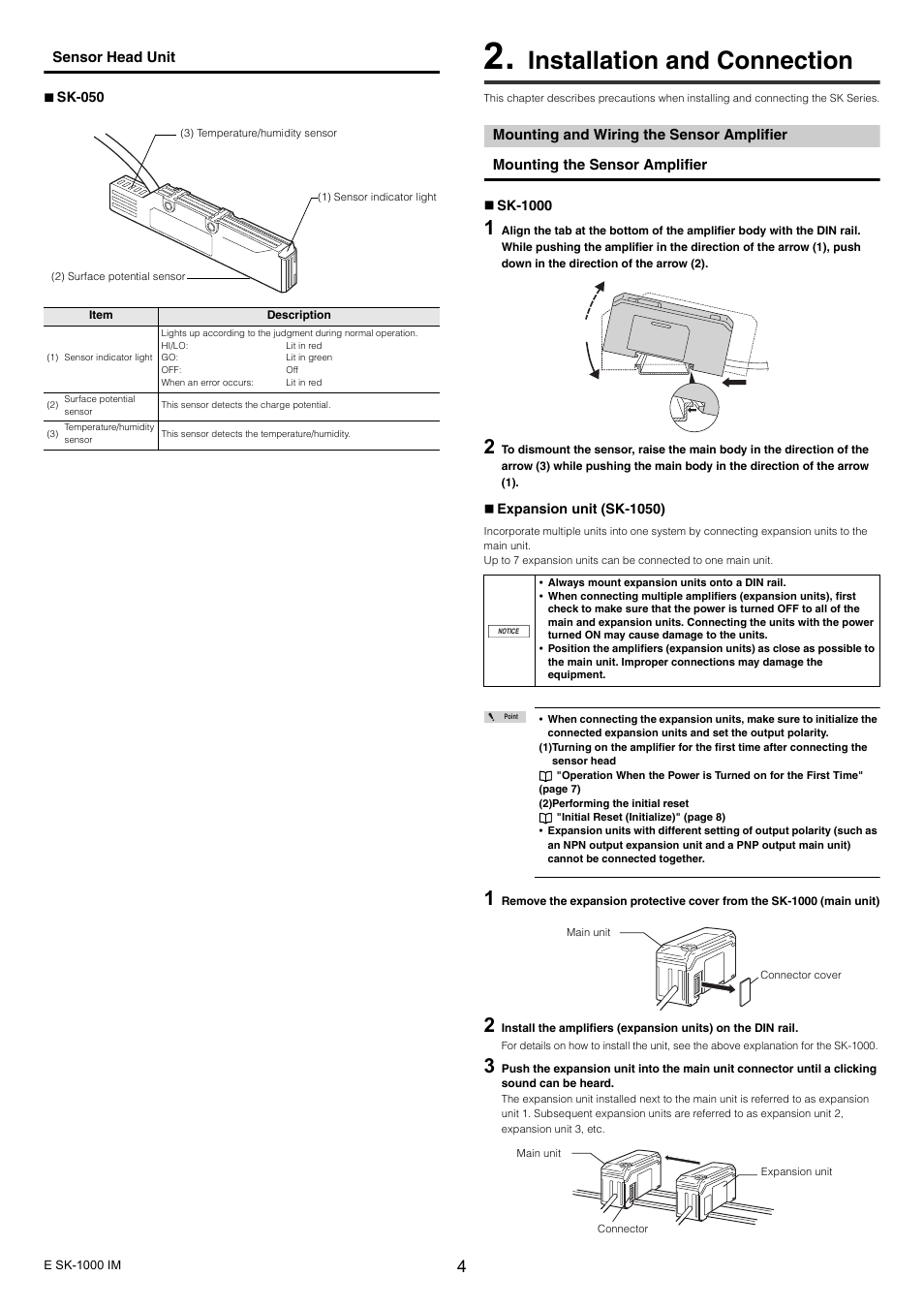 Installation and connection, Mounting and wiring the sensor amplifier | KEYENCE SK-1000 Series User Manual | Page 4 / 24