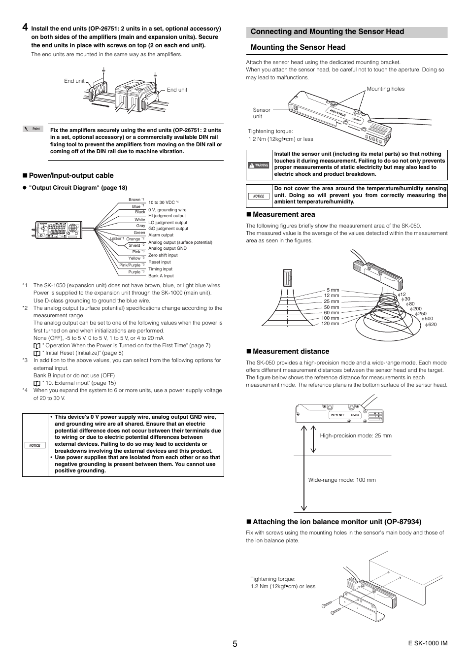 Connecting and mounting the sensor head, Power/input-output cable, Measurement area | Measurement distance, E sk-1000 im, Z"output circuit diagram" (page 18) | KEYENCE SK-1000 Series User Manual | Page 5 / 24