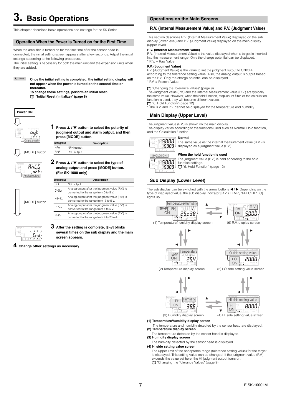 Basic operations, Operations on the main screens, Main display (upper level) | Sub display (lower level), E sk-1000 im, Change other settings as necessary, Mode] button, Power on, Ampr | KEYENCE SK-1000 Series User Manual | Page 7 / 24