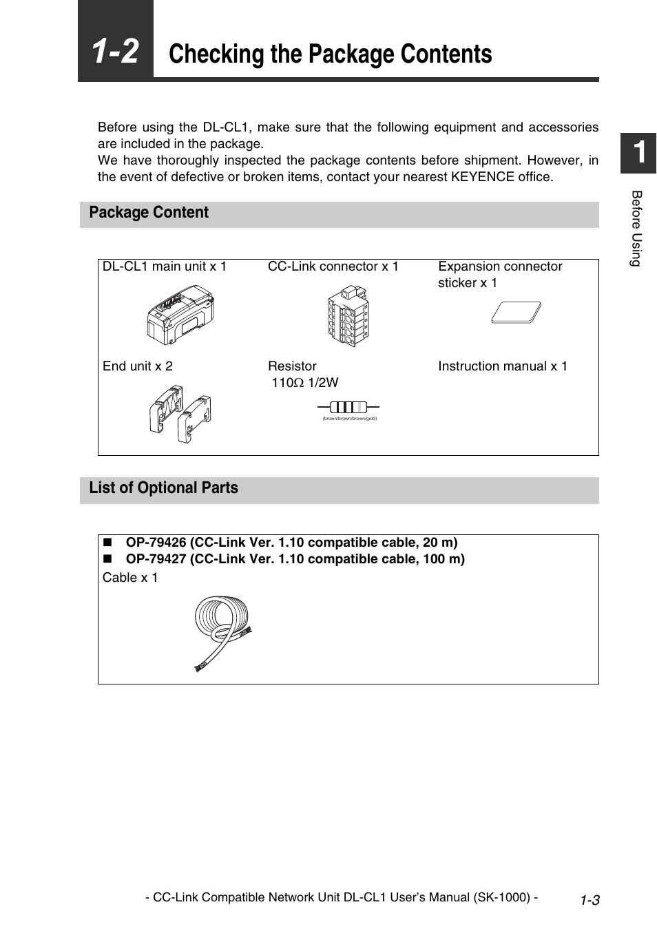 2 checking the package contents, Package content, List of optional parts | Checking the package contents -3, Package content -3 list of optional parts -3, Checking the package contents | KEYENCE DL-CL1 User Manual | Page 13 / 78