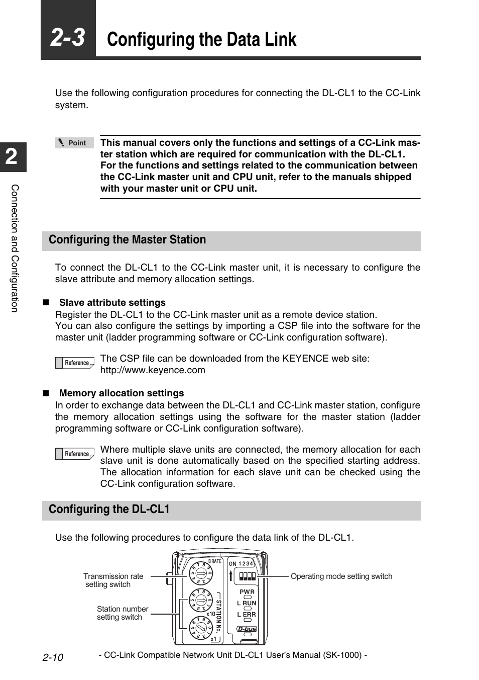 3 configuring the data link, Configuring the master station, Configuring the dl-cl1 | Configuring the data link -10, Configuring the data link | KEYENCE DL-CL1 User Manual | Page 26 / 78