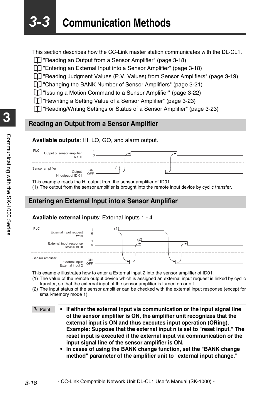 3 communication methods, Reading an output from a sensor amplifier, Entering an external input into a sensor amplifier | Communication methods -21, Reading an output from a sensor amplifier -21, Communication methods -18, Communication methods | KEYENCE DL-CL1 User Manual | Page 46 / 78