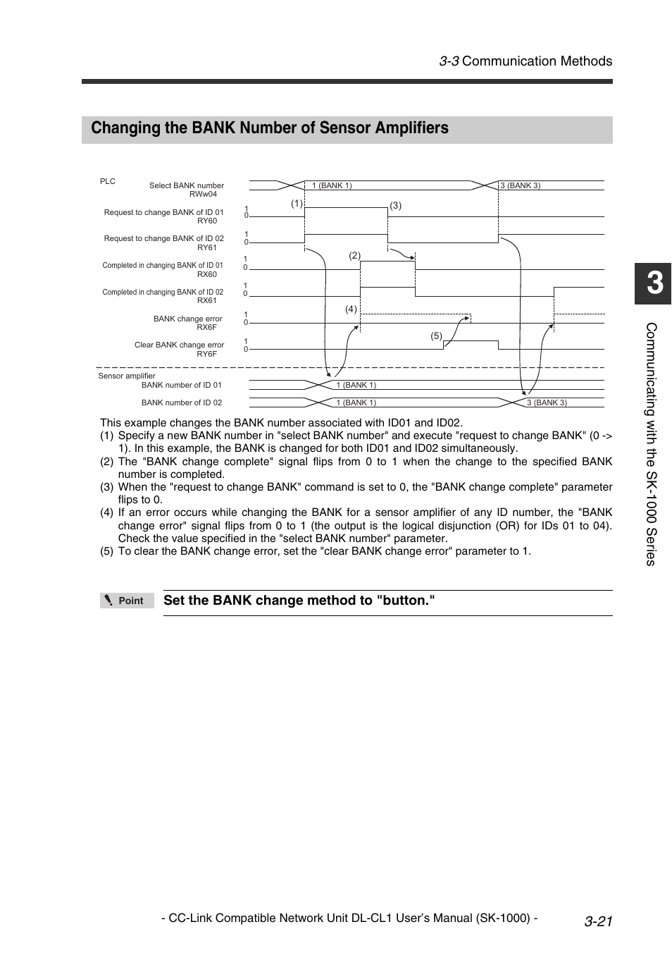 Changing the bank number of sensor amplifiers, Changing the bank number of sensor amplifiers -24, 3 communication methods | Comm u nic a ti ng w it h th e sk-1 000 se ri es, Set the bank change method to "button | KEYENCE DL-CL1 User Manual | Page 49 / 78