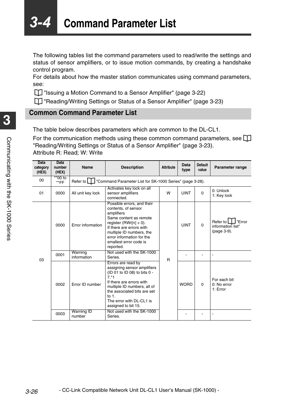 4 command parameter list, Common command parameter list, Command parameter list -29 | Common command parameter list -29, Command parameter list -26, 26) and, Command, Command parameter list | KEYENCE DL-CL1 User Manual | Page 54 / 78