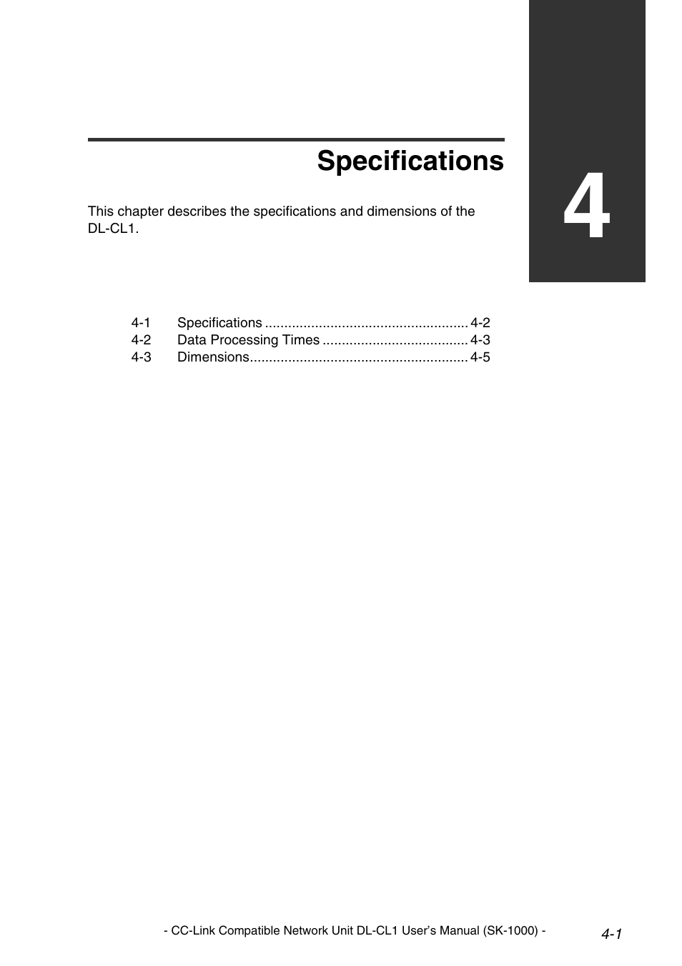 Chapter 4 specifications, Specifications | KEYENCE DL-CL1 User Manual | Page 65 / 78