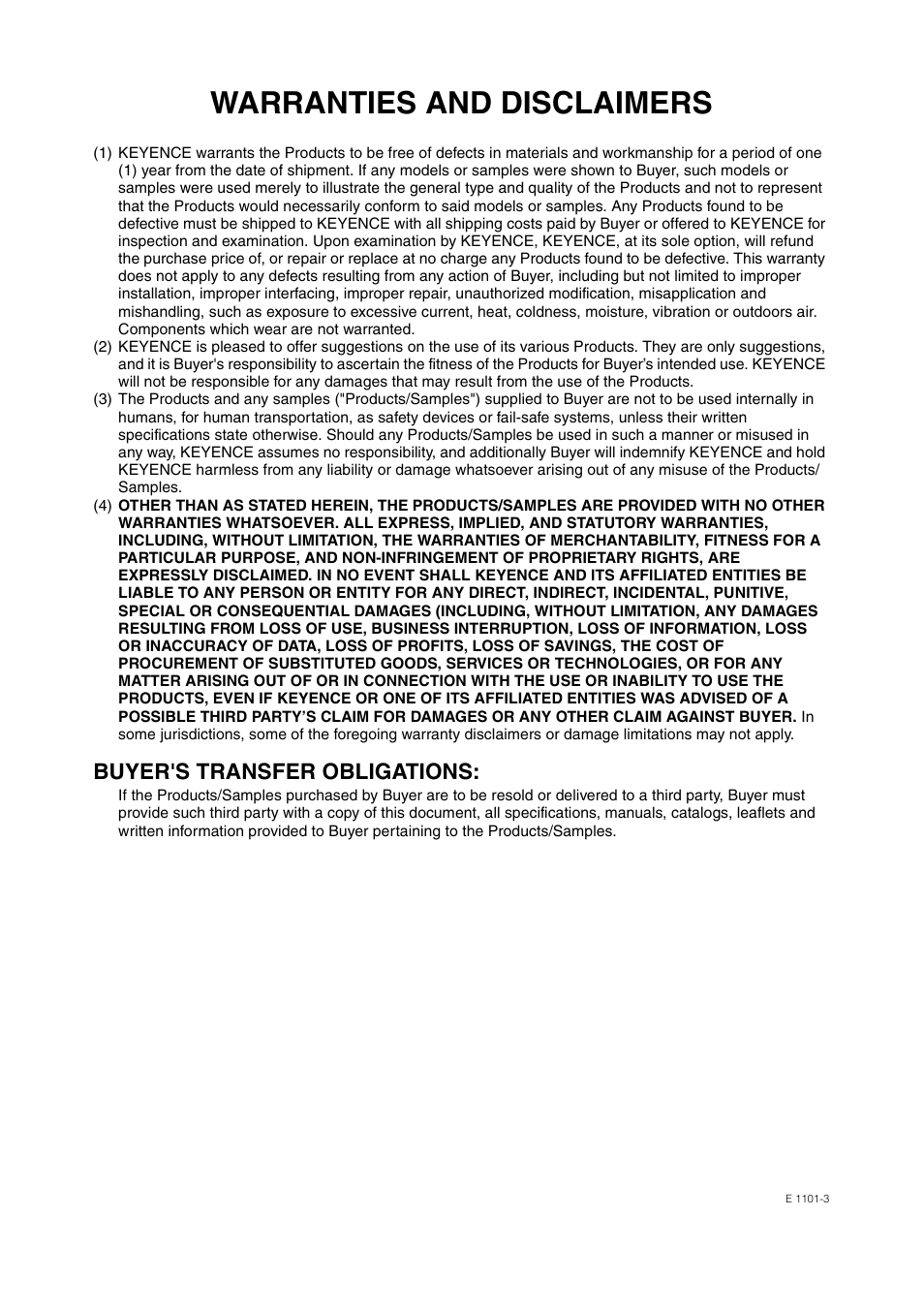 Warranties and disclaimers, Buyer's transfer obligations | KEYENCE DL-CL1 User Manual | Page 77 / 78