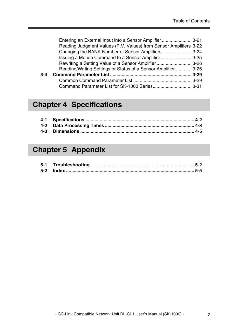 Chapter 4 specifications, Chapter 5 appendix | KEYENCE DL-CL1 User Manual | Page 9 / 78