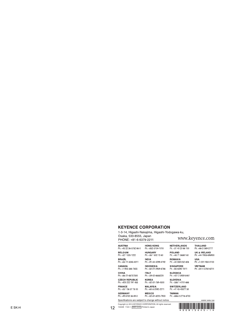 KEYENCE SK-H Series User Manual | Page 12 / 12