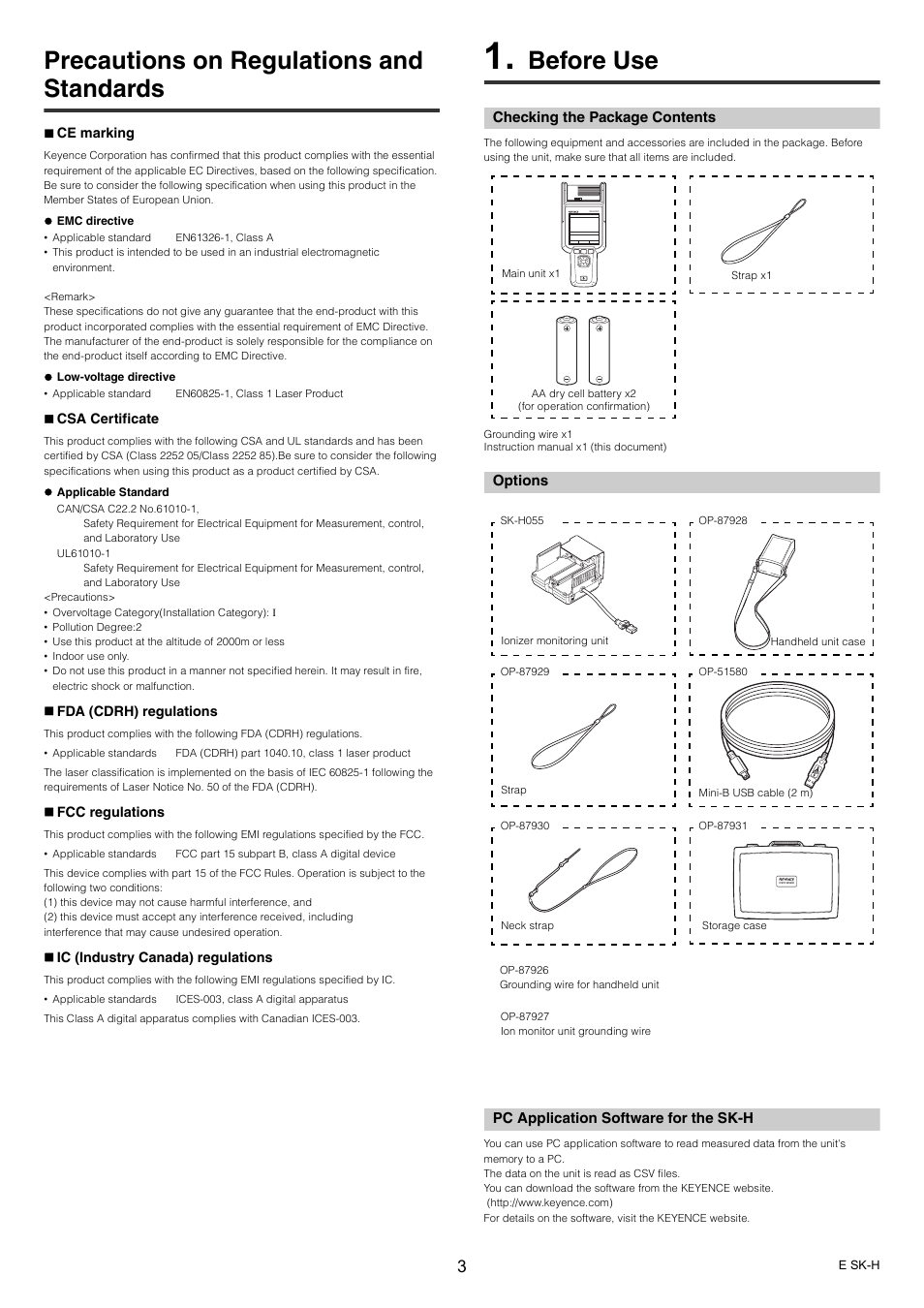 Precautions on regulations and standards, Before use, Checking the package contents | Options, Pc application software for the sk-h | KEYENCE SK-H Series User Manual | Page 3 / 12