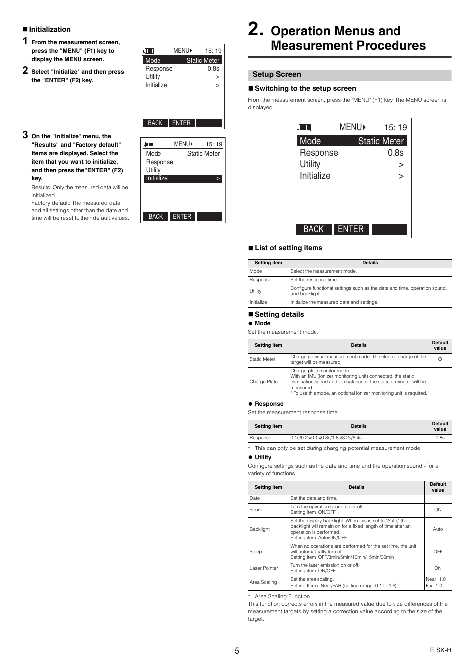 Operation menus and measurement procedures, Setup screen, Mode response utility initialize static meter 0.8s | Back enter menu | KEYENCE SK-H Series User Manual | Page 5 / 12