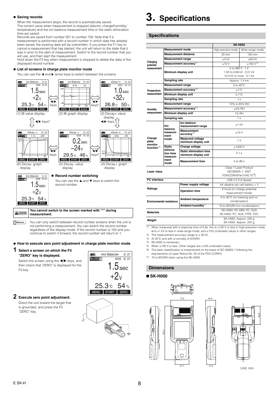 Specifications, Dimensions, Specifications dimensions | Sk-h050 | KEYENCE SK-H Series User Manual | Page 8 / 12