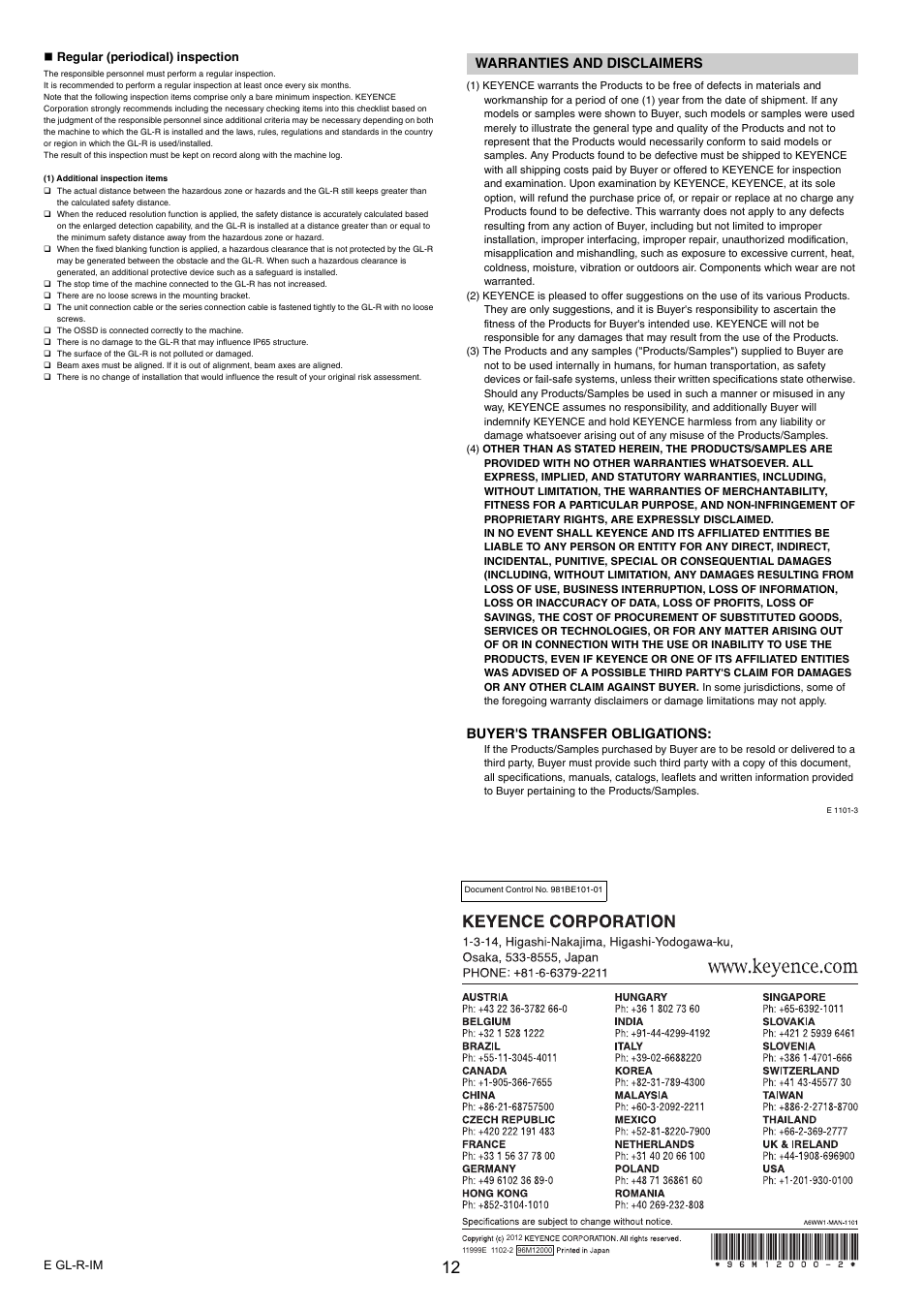 Warranties and disclaimers, Buyer's transfer obligations | KEYENCE GL-R Series User Manual | Page 12 / 12