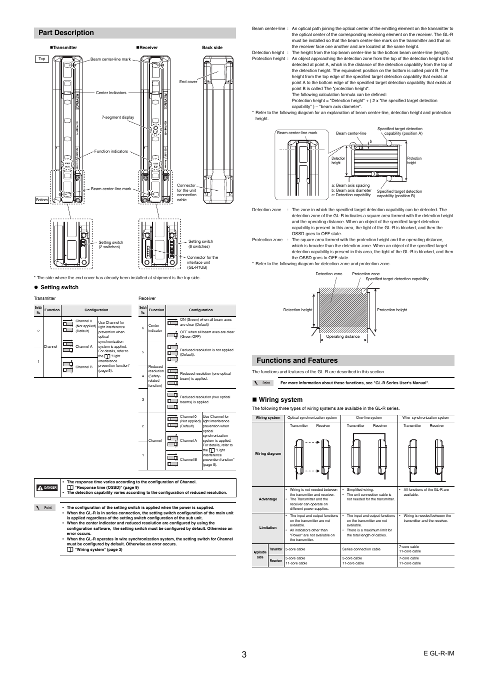 Part description, Functions and features, E gl-r-im | Wiring system, Setting switch | KEYENCE GL-R Series User Manual | Page 3 / 12