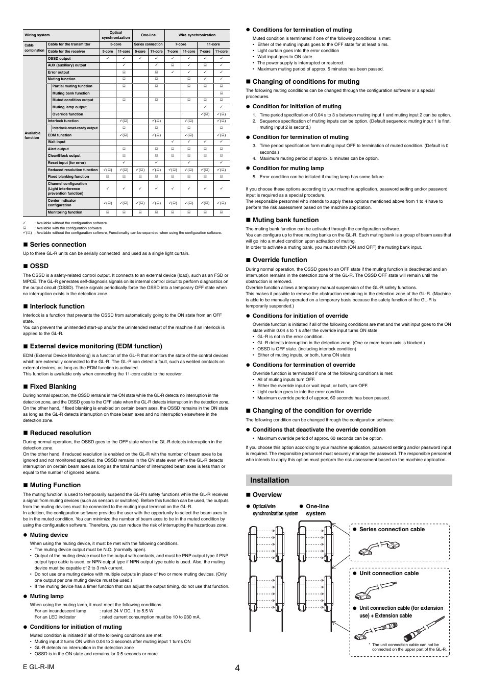 Installation, E gl-r-im, Series connection | Ossd, Interlock function, External device monitoring (edm function), Fixed blanking, Reduced resolution, Muting function, Changing of conditions for muting | KEYENCE GL-R Series User Manual | Page 4 / 12