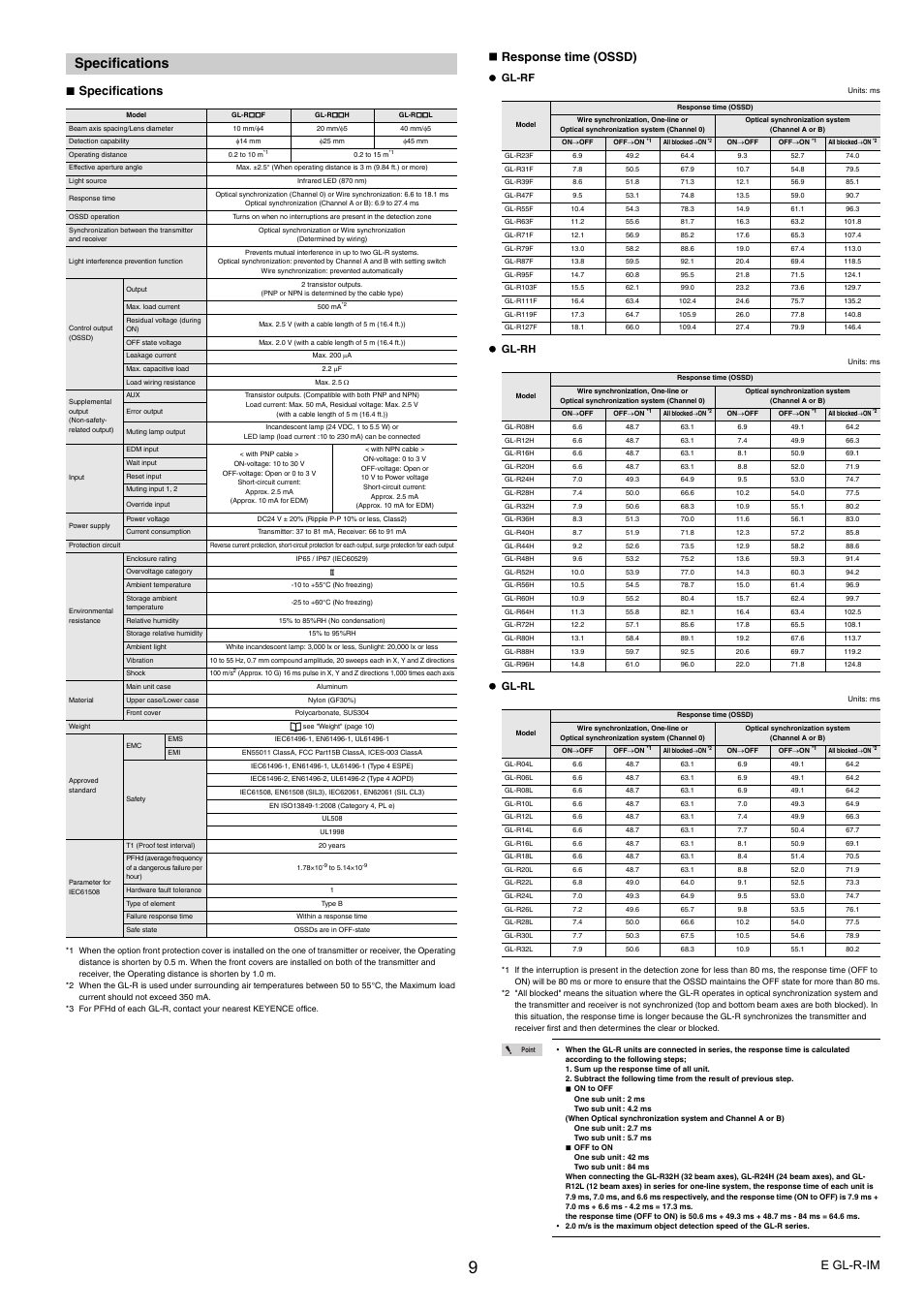 Specifications, E gl-r-im, Response time (ossd) | Gl-rf, Gl-rh, Gl-rl | KEYENCE GL-R Series User Manual | Page 9 / 12