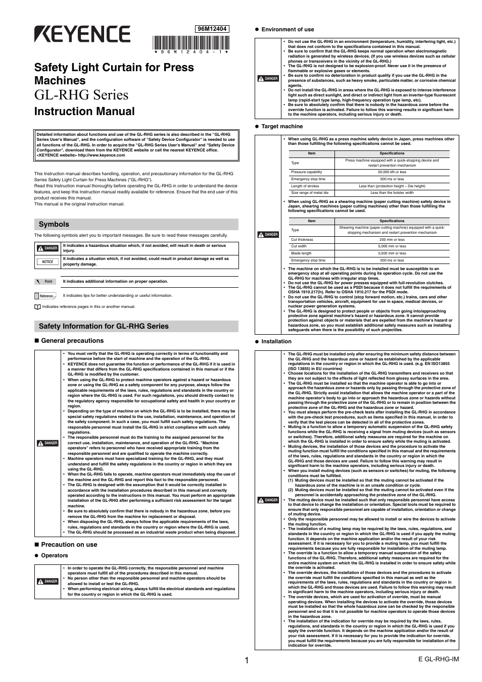 KEYENCE GL-RHG Series User Manual | 12 pages