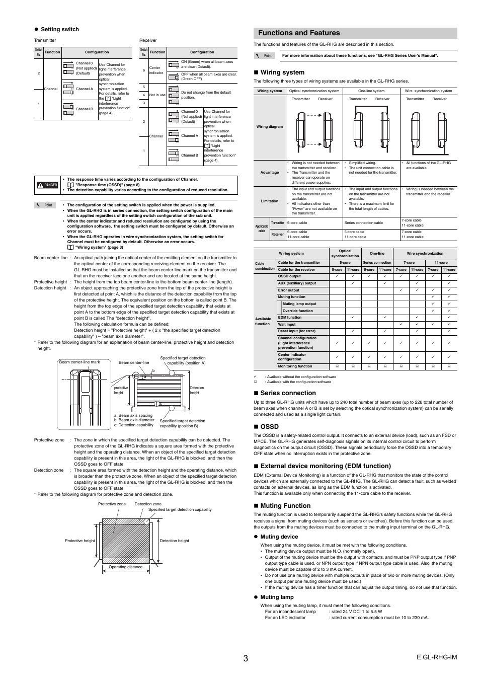 Functions and features, E gl-rhg-im, Wiring system | Series connection, Ossd, External device monitoring (edm function), Muting function, Setting switch, Muting device, Muting lamp | KEYENCE GL-RHG Series User Manual | Page 3 / 12