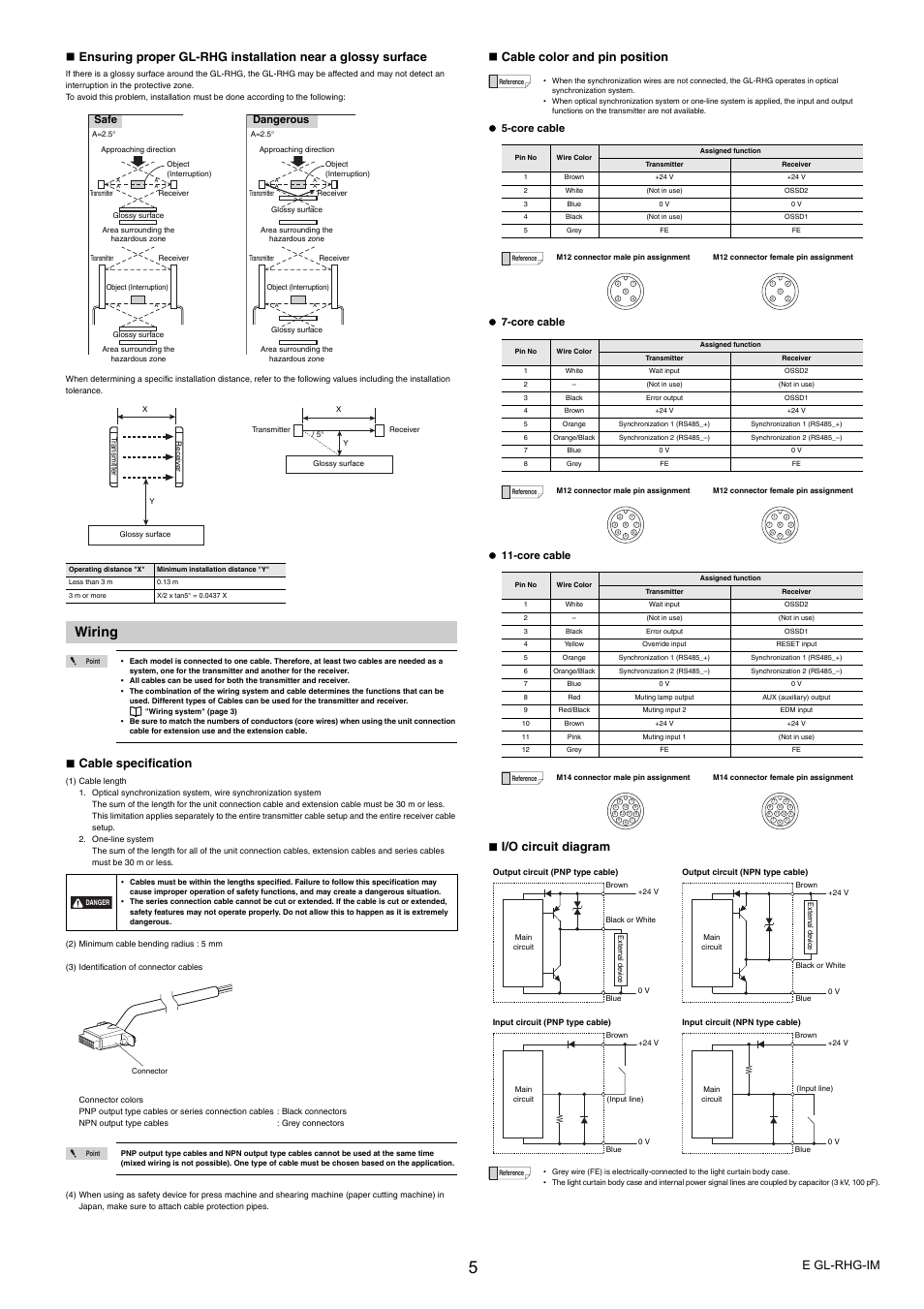 Wiring, Cable specification, Cable color and pin position | I/o circuit diagram, Core cable, Safe, Dangerous | KEYENCE GL-RHG Series User Manual | Page 5 / 12